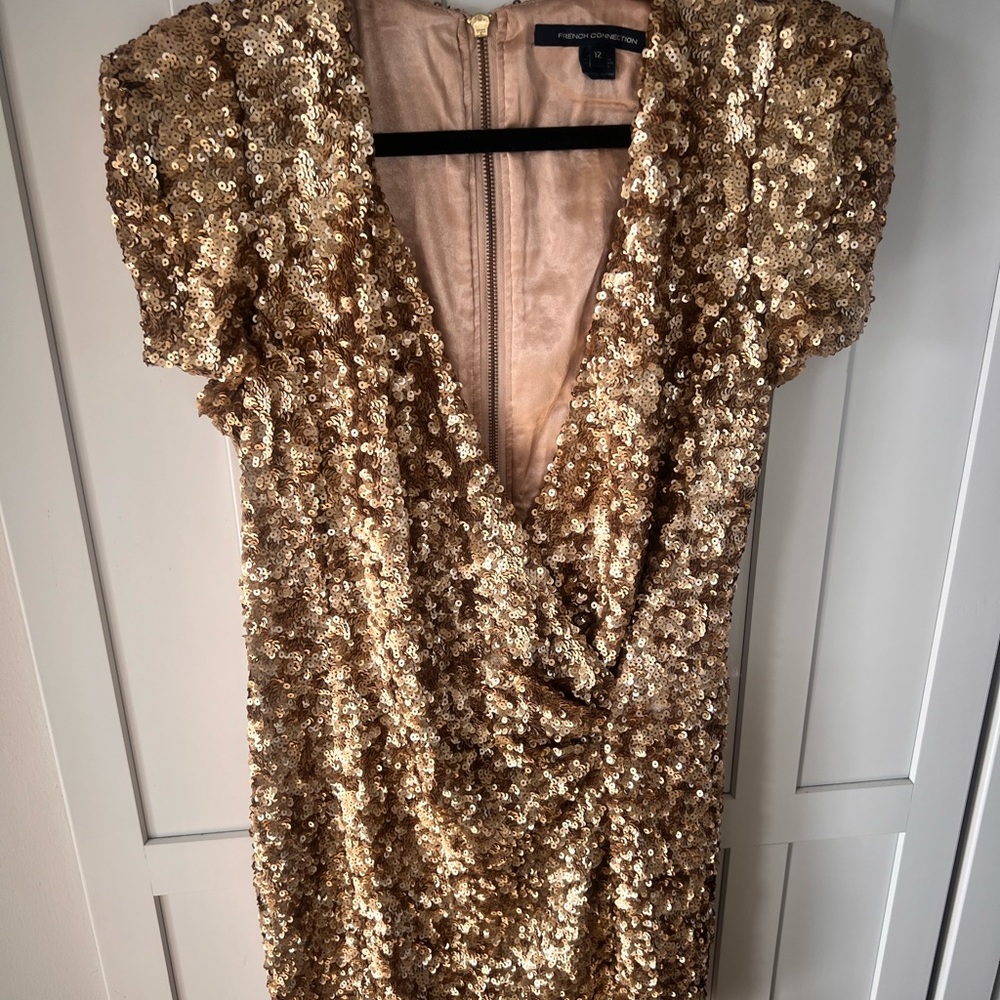 French Connection Gold Mini Sheath Dress with Puff Sleeves and Plunge Neckline